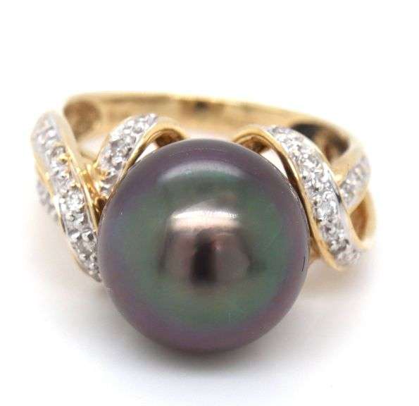 14kt Yellow Gold 12mm Green Tahitian Pearl and Diamond Infinity Ring