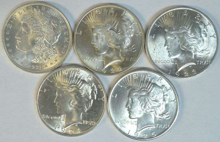 Choice BU run of 5 Diff Silver Dollars 1921 to 1925