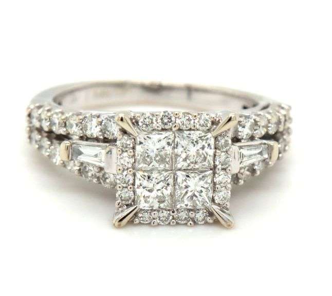 14kt White gold 1.25ctw Invisible set princess cut and round brilliant cut baguette ring