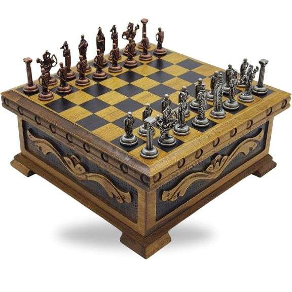 Wooden Chess Set with Storage Box Copper Metal Pieces