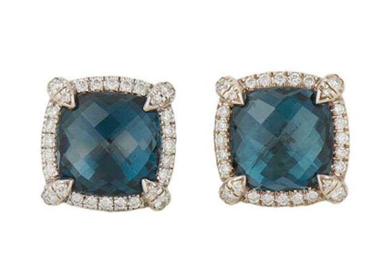 David Yurman Chatelaine Hampton Blue Topaz and Diamond Stud Earrings in Sterling