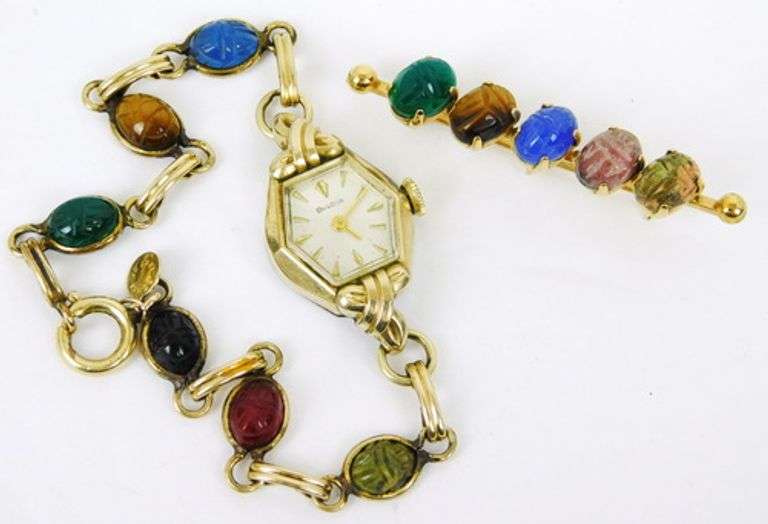 Vintage Gold Filled Bulova Scarab Watch Bracelet & Pin