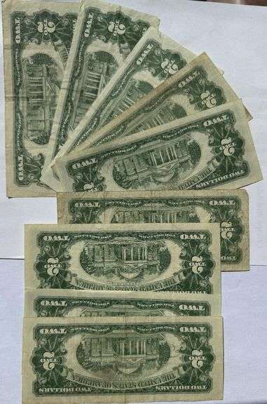 Six 1963 Four 1963A Circulated $2 Red Seal US Notes