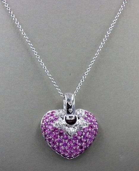 18kt White gold pink sapphire and diamond heart pendant on chain