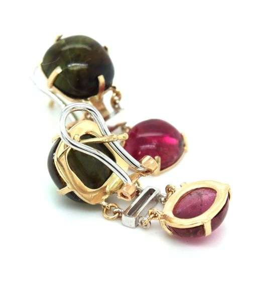 14kt Yellow gold Green and pink tourmaline cab earrings