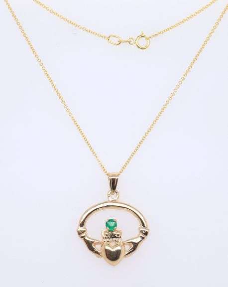 14kt Yellow Gold Emerald Claddagh Pendant on Chain