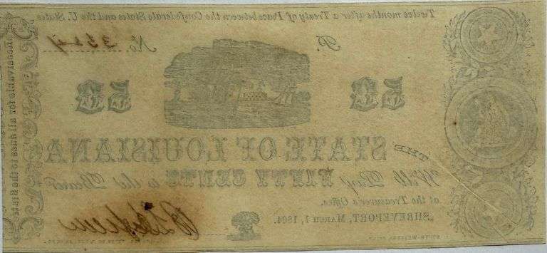 Clean Fresh Unc State of Louisiana March 1 1864 50 Cent Note.