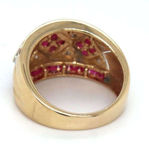 14kt Yellow gold rubies set in squares and diamond wide band