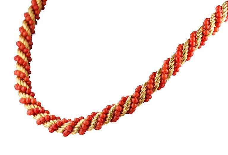 Beaded Coral Twisted Rope Chain Necklace in 18K