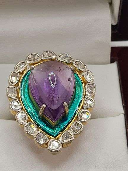 Luscious Teardrop Amethyst Ring with Gold Plated Silver and Mine Cut Diamonds