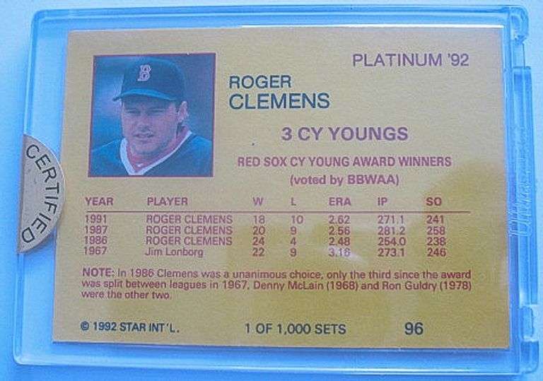 1992 STAR INT'L ROGER CLEMENS DIAMOND EDITION CARD
