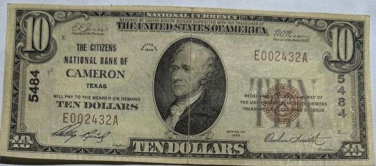 $10Citizens Natl Bank Cameron Texas Series 1929 Brown Seal Nationa