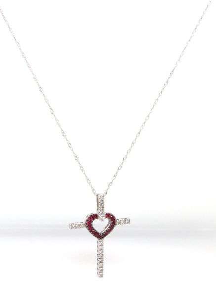 14kt White gold ruby and diamond heart cross pendant on chain