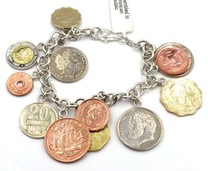 Italian 925 Sterling Silver Link Brcelet with Around The World Coin Charms