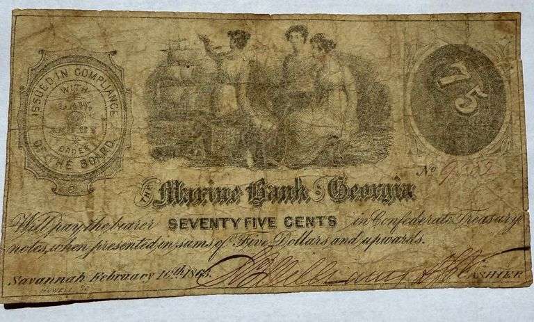 75 Cent Marine Bank of Georgia Savannah Jan 15 1863