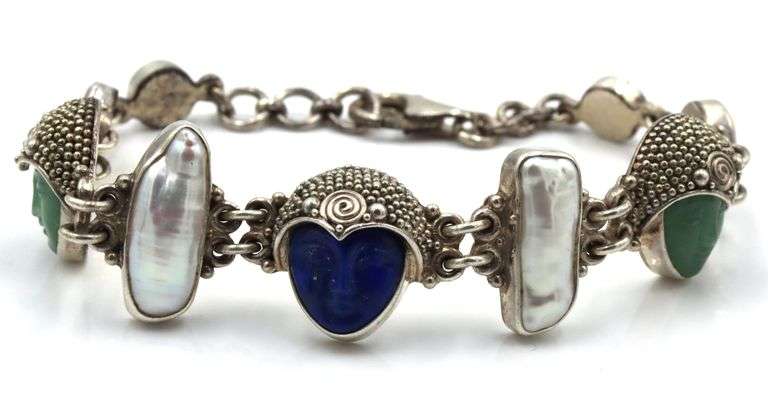 925 Vintage Sajen Sterling Silver Carved Buddha Head Bracelet