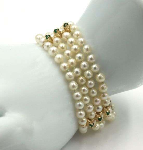 4.5-5m Four row pearl emerald station bracelet in yellow gold