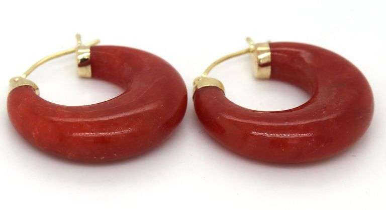 14kt Yellow gold red Jade hoop earrings
