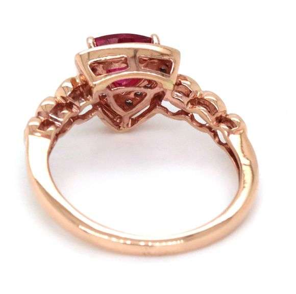 14kt Yellow gold Trillion tourmaline and diamond halo and bezel set shank ring