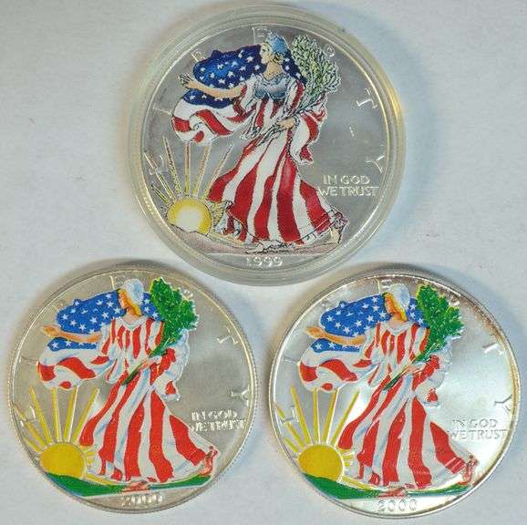 3 Obverse Painted, $1 American Silver Eagles (1999 & 2 2000)