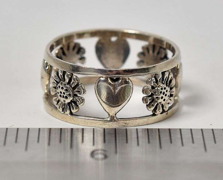1/4 Inch Wide Heart and Flower Sterling Silver Band