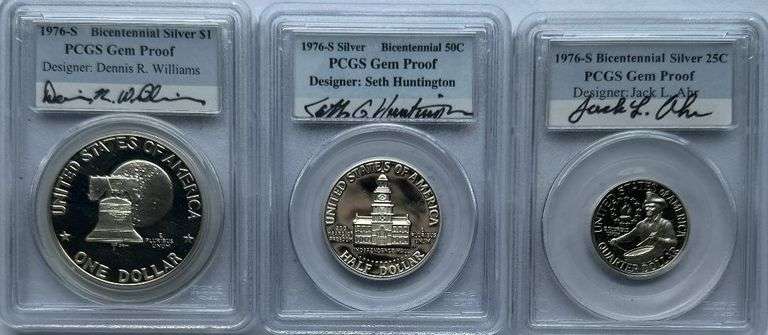 Three 1976 S Silver Gem Proof PCGS Bicentennial Set Designer Signed