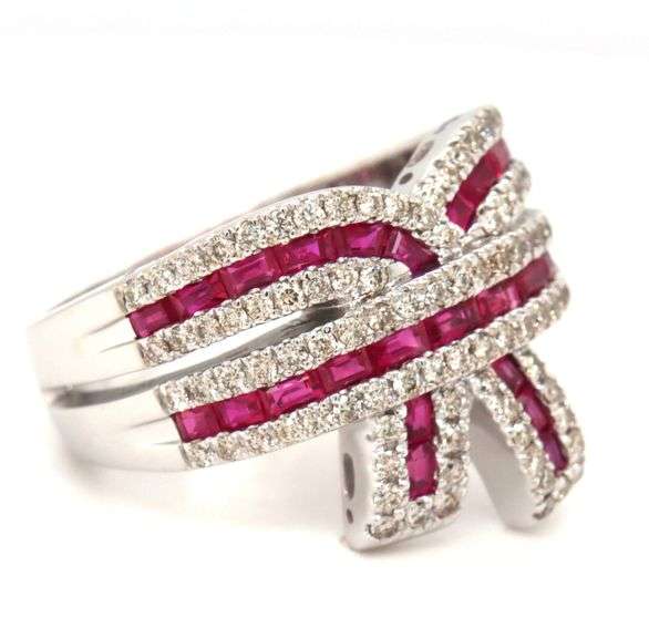 14kt White gold 1.35ctw ruby and 0.40ctw diamond bow ring