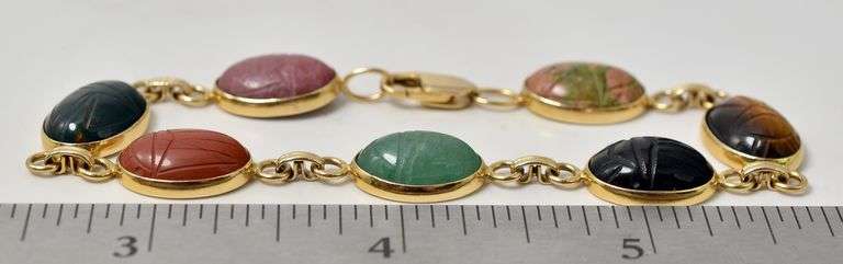 Fantastic 14K Yellow Gold Scarab Beetle Multi-Gemstone Bracelet