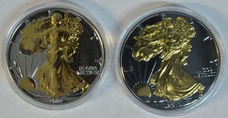 1991 & 2019 2-sided Golden enameled $1 Silver Eagles in capsules