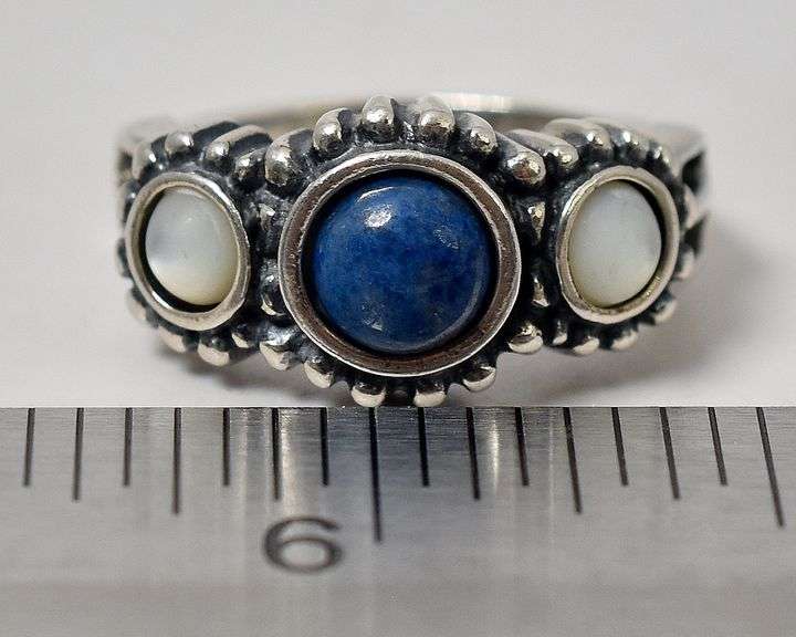 Sodalite Gemstone and Mother of Pearl Ring in Sterling Silver