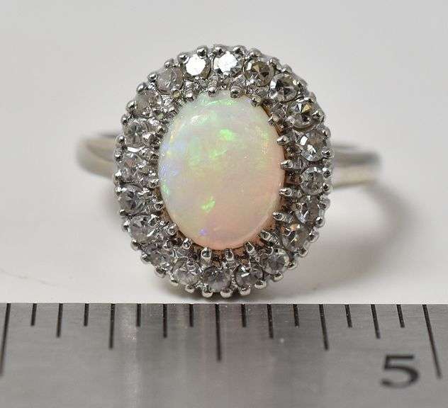 Wonderful 10K White Gold Opal Gemstone and Diamond Ring