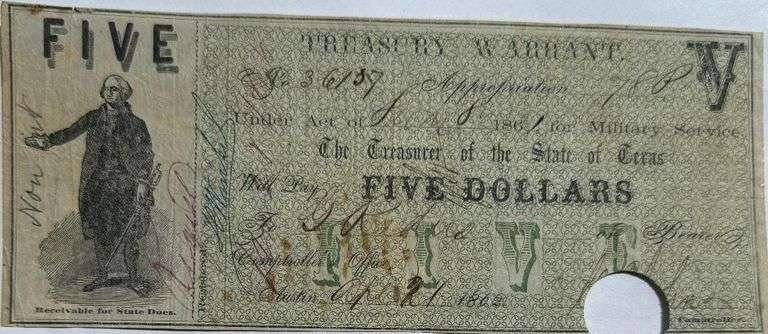 Arpril 21 1862 $5 Texas Treasury Warrant