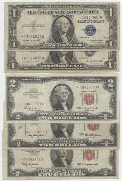 Lot of 5 Scarce STAR Notes: Two $1 & 3 $2 Red Seals
