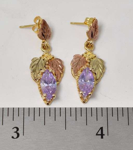 Elegant 10K Yellow Gold Purple CZ Gemstone Dangle Earrings