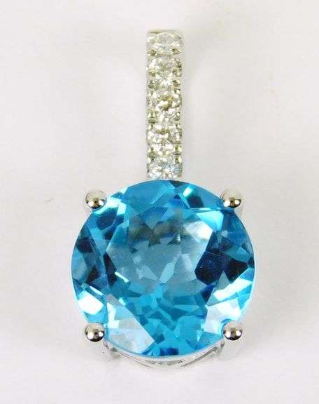 JLJ - 14K Large 10MM Blue Topaz & Diamonds Pendant