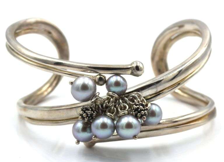 925 Sterling Silver Michael Dawkins Pearl & Blue Topaz Cuff Bracelet