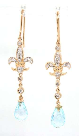 14kt Yellow gold blue topaz and diamond Fluer De Lis dangle earrings