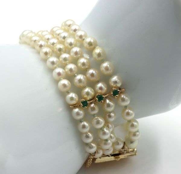 4.5-5m Four row pearl emerald station bracelet in yellow gold