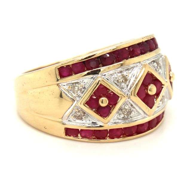 14kt Yellow gold rubies set in squares and diamond wide band