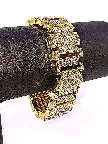 Huge 90 Gram 14 Kt Gold Plate Italian God Father Simualted Diamond Link Bracelet