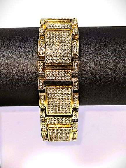 Huge 90 Gram 14 Kt Gold Plate Italian God Father Simualted Diamond Link Bracelet