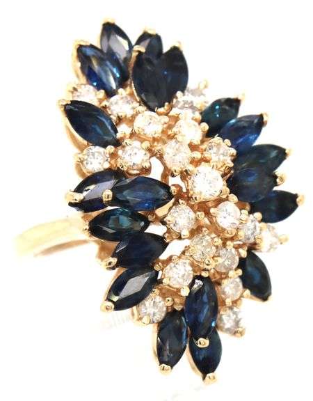 14kt Yellow gold 5.50ctw sapphire and 1ctw diamond cluster ring