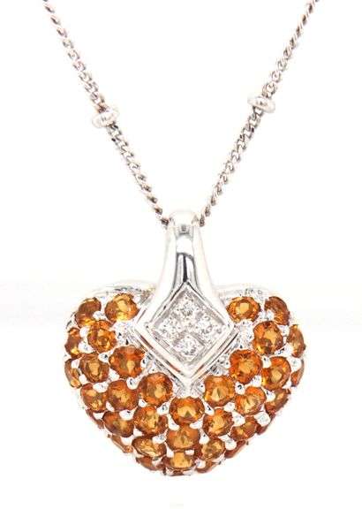 18kt White gold citrine and diamond pave heart shaped pendant on chain
