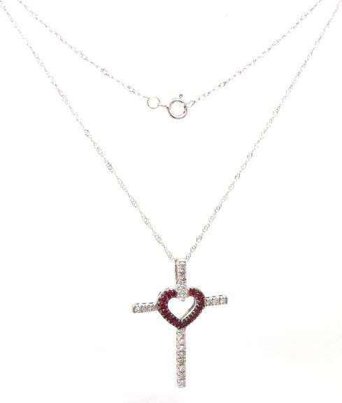 14kt White gold ruby and diamond heart cross pendant on chain