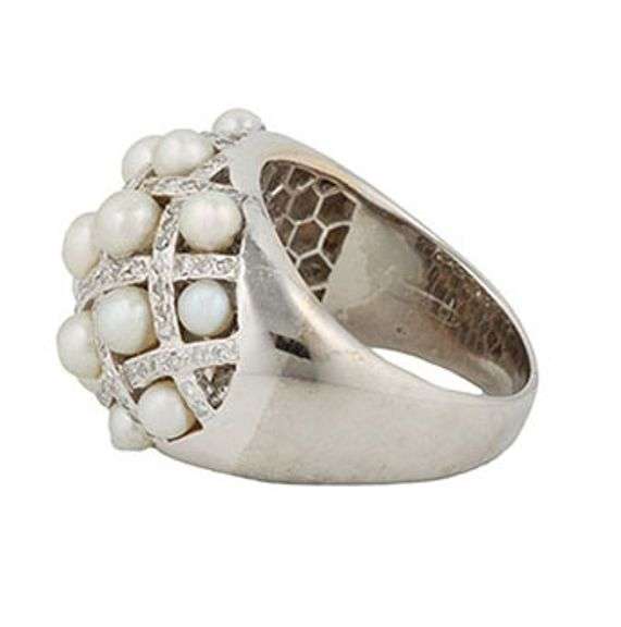 0.55ctw Diamond and Seed Pearl Honeycomb Dome Ring in 18K