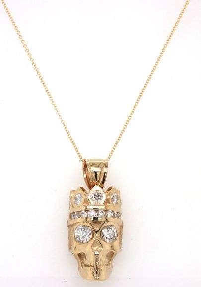 14kt Yellow gold 2.50ctw diamond Skull pendant on chain