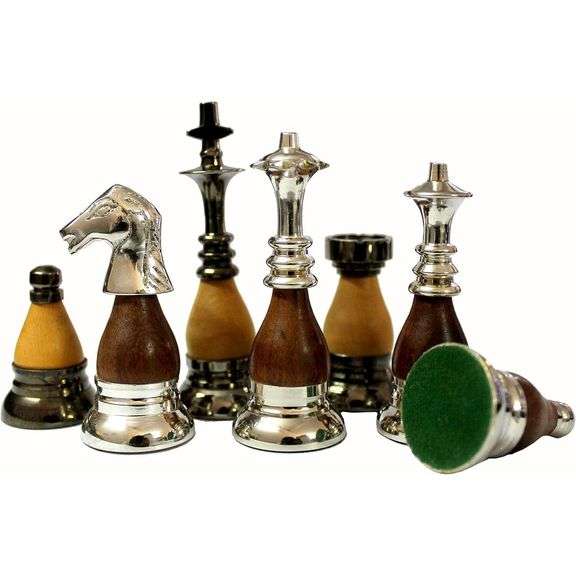 Brass and Wood Hand-Carved Chess Pieces Set