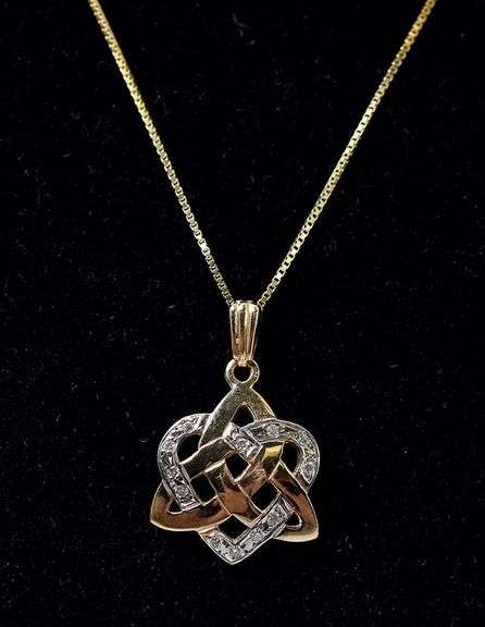 Beautiful 10K Yellow Gold Diamond Heart Triquetra Pendant Necklace