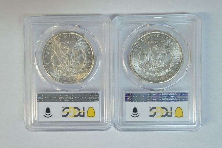 Two virtual Gem BU 1899-O & 1902-O Morgan Silver Dollars. PCGS MS64