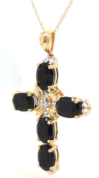 14kt Yellow gold blue sapphire and diamond accent cross pendant on chain